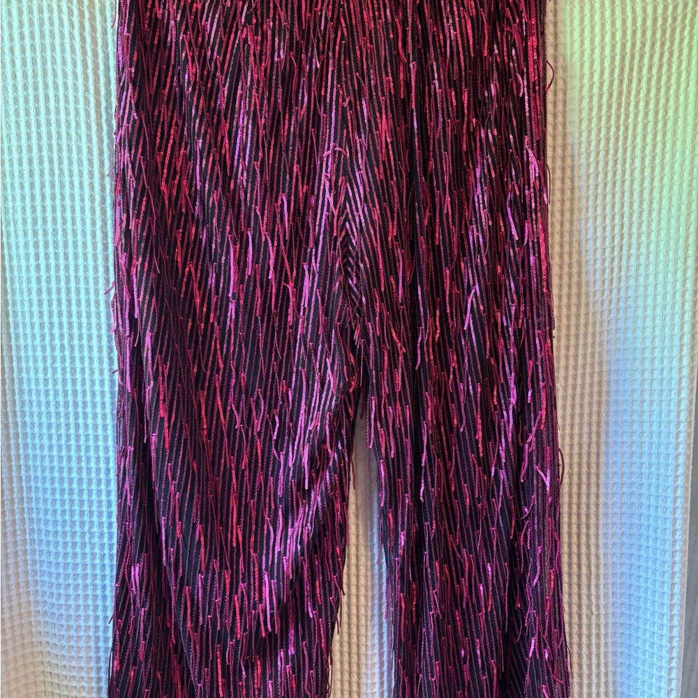 Anthropologie Pink and Black Sequined Fringe Cocktail Pants